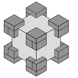 Cube shape cushion design indicating top, front, right, height, width, depth and dimension a